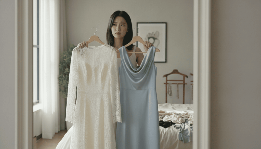 young East Asian woman with shoulder-length black hair standing in front of a mirror holding two outfits, one white dress and one pastel blue dress, visibly debating what to wear to a wedding