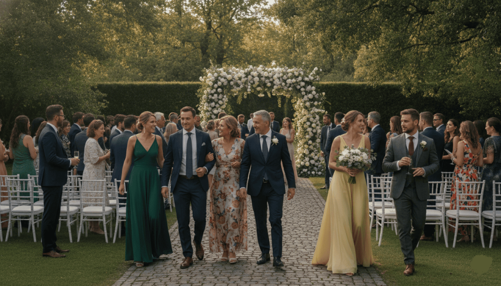 guests arriving at an elegant garden ceremony, subtle visual contrast between attendees wearing various respectful wedding guest colors, beautiful floral arch in background