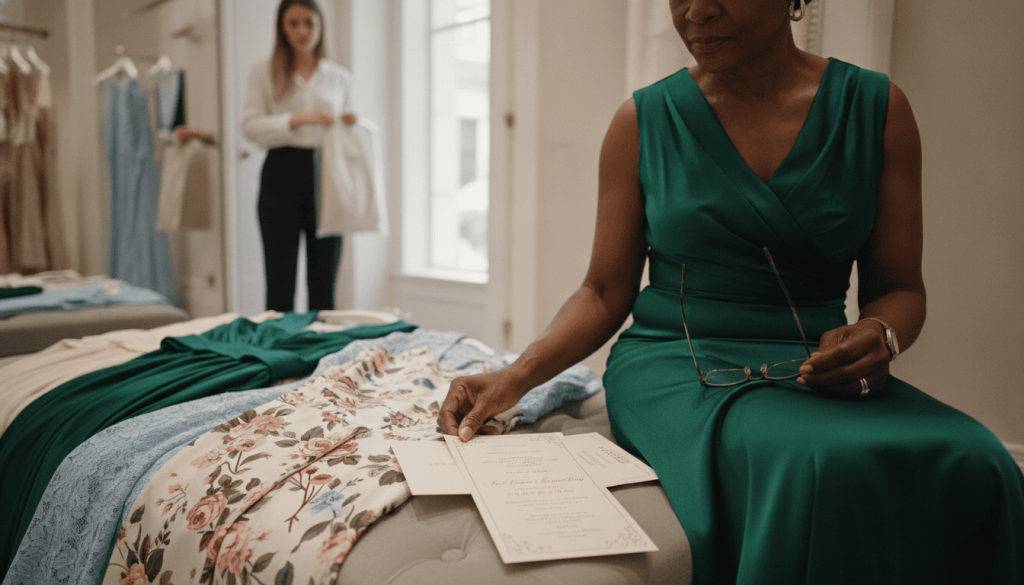 mature African woman wedding guest consulting a wedding invitation and dress options spread across a boutique fitting room bench, sales consultant assisting discreetly in background