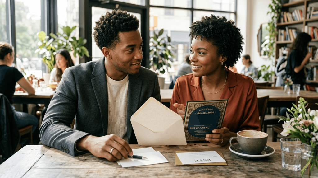 young Black man with short natural curls and stylish semi-formal attire discussing a wedding invitation with his partner at a café table, invitation envelope and RSVP card visible