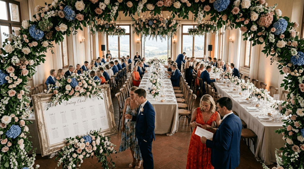 wedding reception seating area with carefully arranged place cards and assigned tables, elegant venue details, guests arriving and locating seats