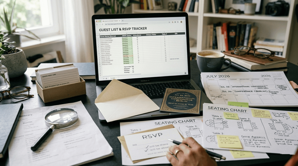 wedding RSVP materials on a planner’s desk, guest list spreadsheet, invitation suite, seating chart drafts, generic attendance records with no personal information
