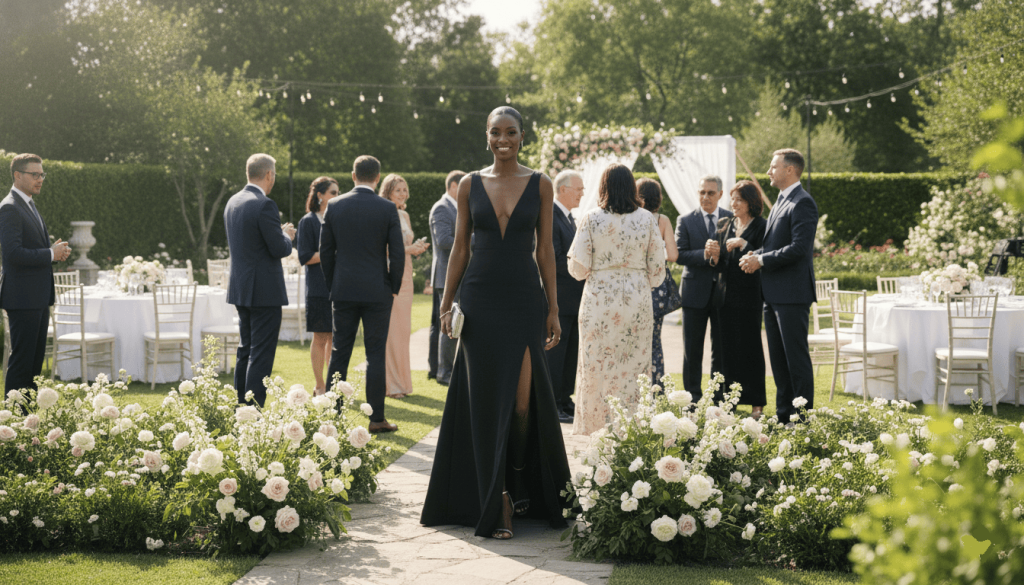 Stylish wedding guest wearing an elegant black formal dress arriving at a wedding venue, sophisticated appearance, outdoor ceremony setting