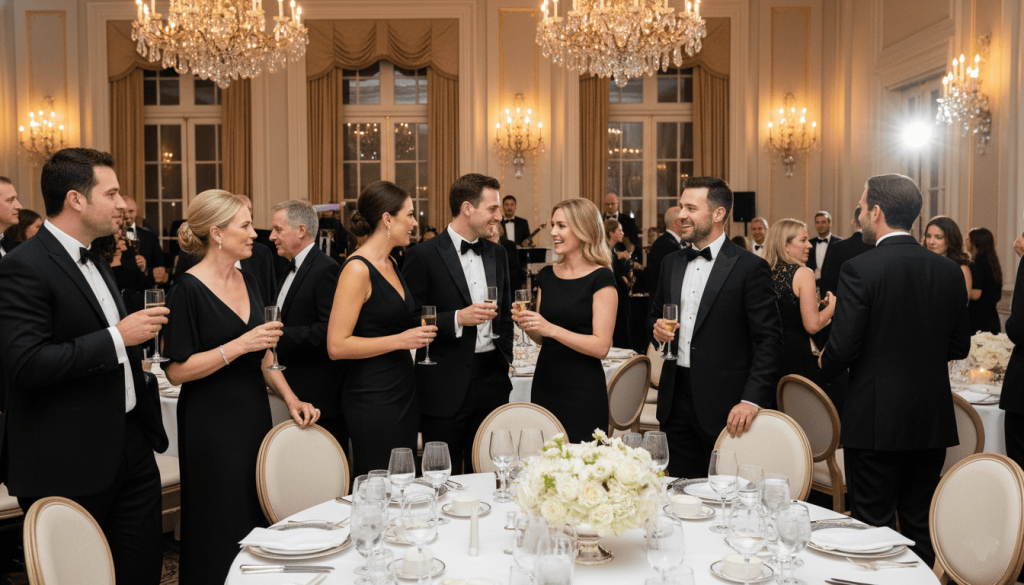 Wedding reception with guests wearing a variety of formal outfits including several black dresses and black suits