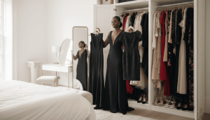 woman comparing black formal dresses in front of an open wardrobe, considering wedding guest outfit options