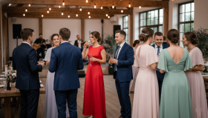 wedding reception with guests wearing various colors including red, navy, green and pastel tones, diverse attendees mingling
