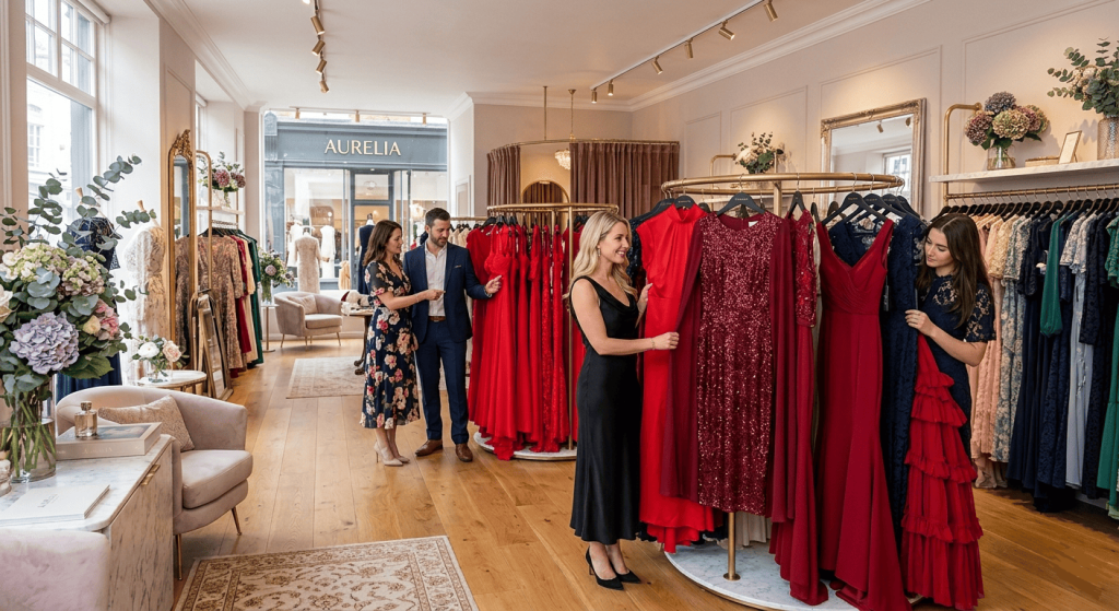 dress boutique interior displaying formal wedding guest dresses including elegant red options, customers browsing
