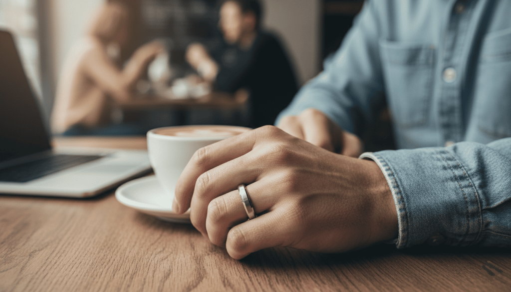 man's hand wearing a simple engagement ring, modern casual clothing, coffee shop background softly blurred