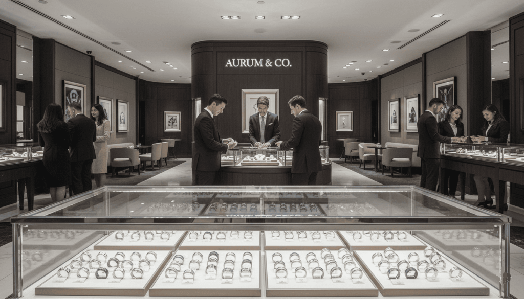jewelry store interior, display case featuring men's engagement rings in various styles, elegant showroom lighting