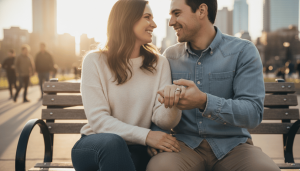 engaged couple sitting together in a city park, both partners wearing engagement rings, natural smiles