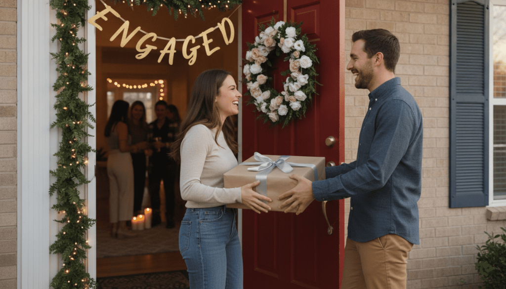 ngagement party entrance scene, smiling guest arriving with a wrapped gift box, welcoming hosts, suburban home decorated for engagement celebration