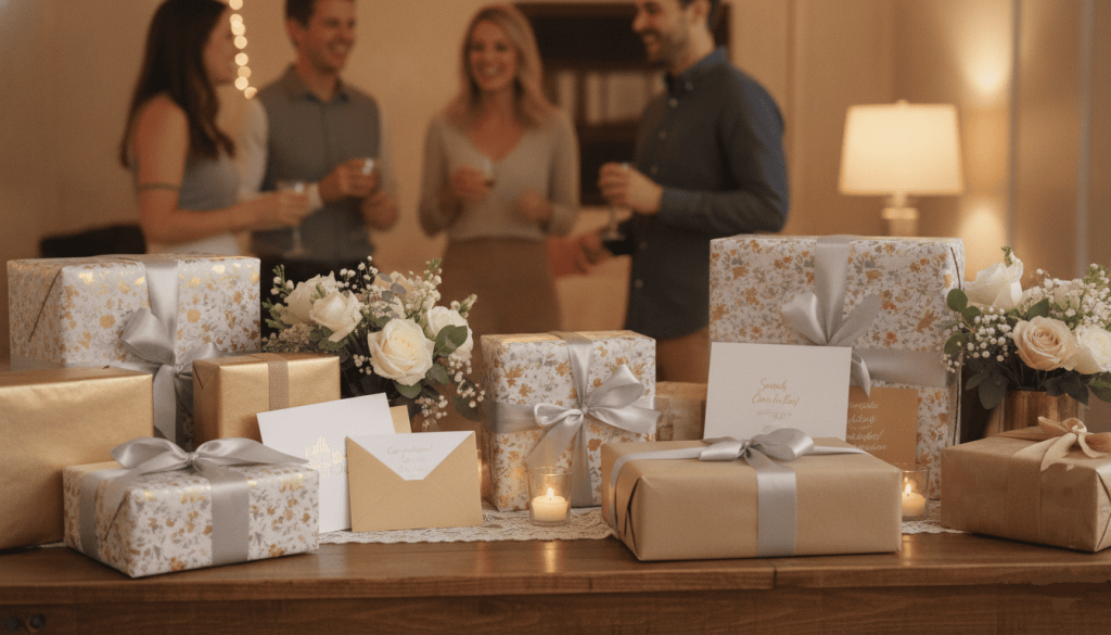 engagement party gift table with wrapped presents, greeting cards, floral decorations, guests socializing in background