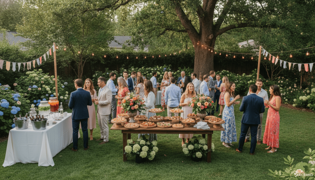 engagement party in a backyard garden, guests mingling, food stations, drinks, festive decorations
