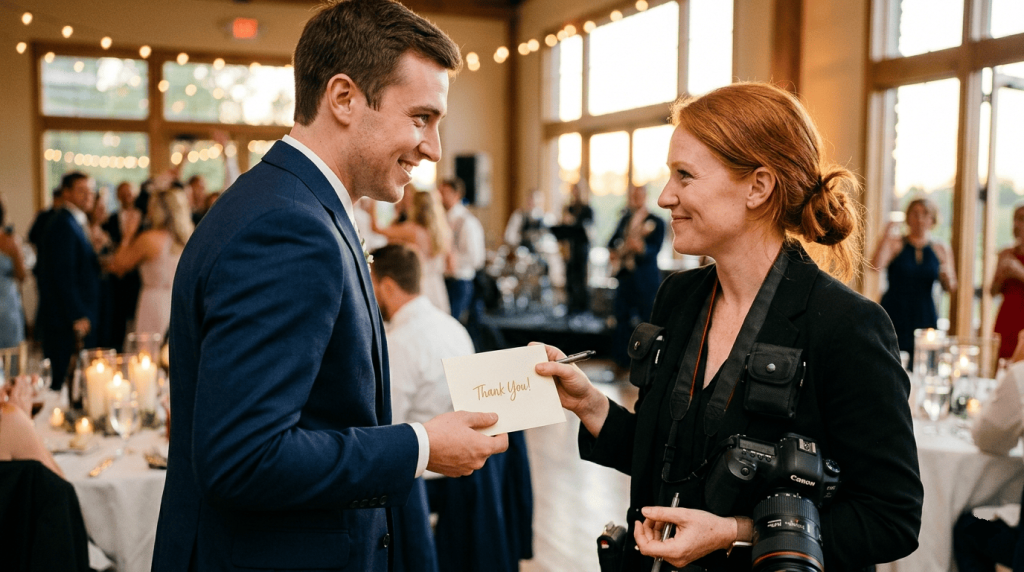 young Caucasian groom discreetly handing a thank-you envelope to a professional female photographer with red hair, warm smiles