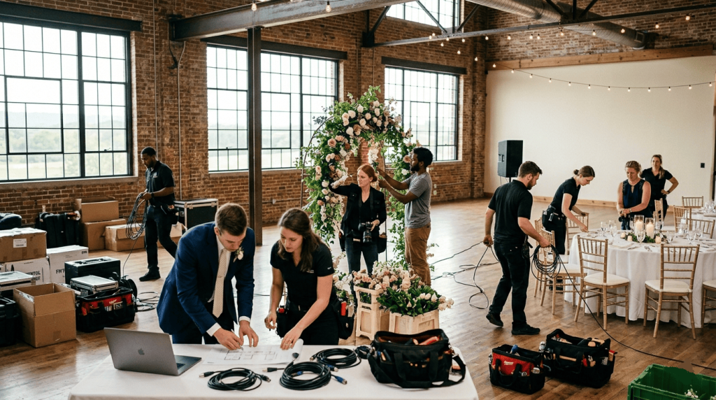 backstage at a wedding venue, diverse vendor team setting up floral installations, sound equipment, and reception tables, busy work atmosphere
