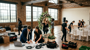 backstage at a wedding venue, diverse vendor team setting up floral installations, sound equipment, and reception tables, busy work atmosphere