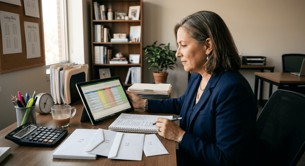 experienced wedding planner reviewing a detailed wedding budget on a tablet, anonymous envelopes prepared for vendor gratuities nearby, calculator, notebook, organized desk setup