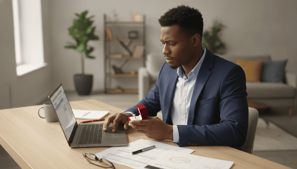 young Black professional man reviewing engagement ring options while checking his budget on a laptop, thoughtful and responsible expression, modern apartment workspace