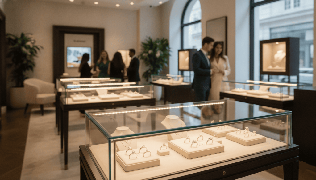 elegant jewelry boutique, engagement ring displays illuminated naturally, customers browsing in the distance