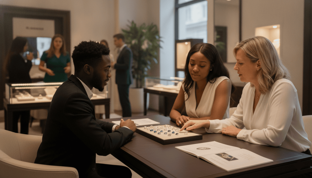 engaged couple discussing ring priorities with a jeweler across a consultation table, gemstone samples and pricing materials visible