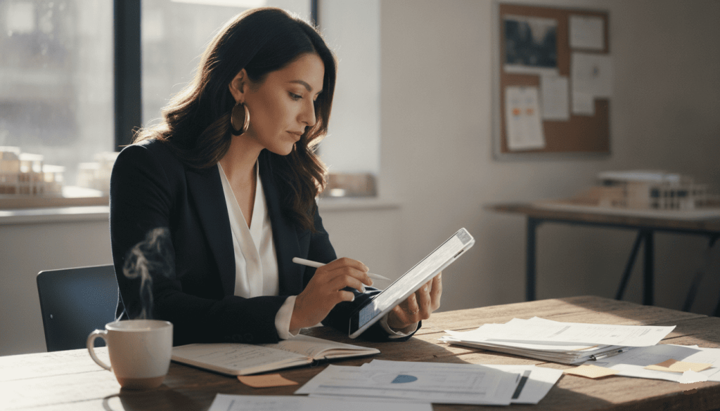 confident Hispanic woman in her early 30s wearing a tailored navy blazer and gold hoop earrings reviewing a vendor payment spreadsheet on a tablet, seated at a rustic wooden table, thoughtful expression while calculating gratuities for wedding vendors