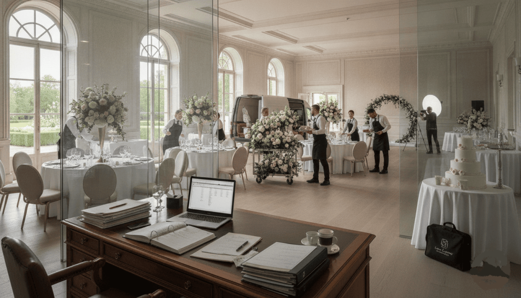 elegant reception hall being prepared before an event, catering staff arranging tables, florist unloading flower arrangements, photographer setting up equipment in the background