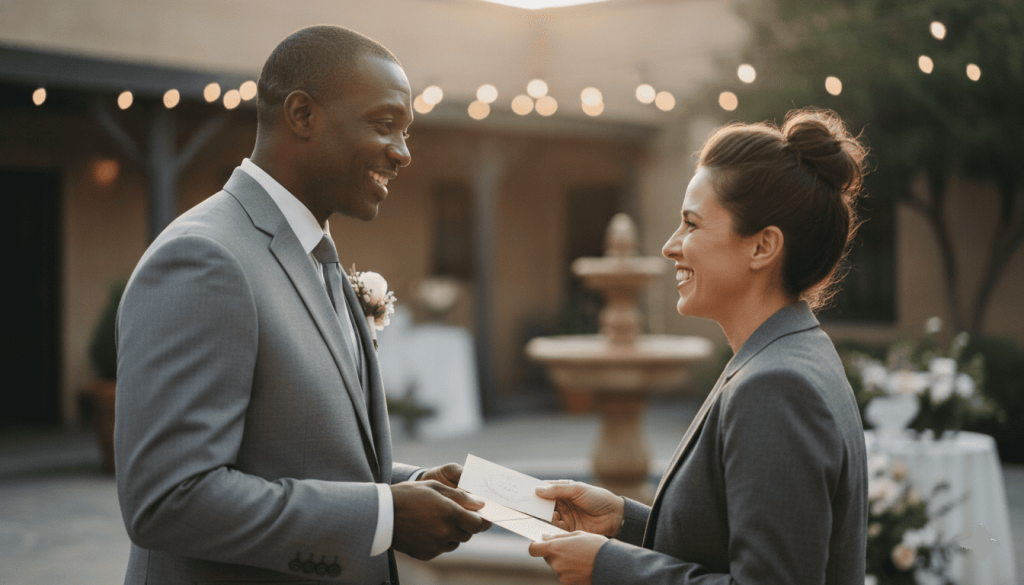 middle-aged Black groom in a light gray suit speaking warmly with a wedding coordinator after a successful reception, discreet envelope and thank-you card exchanged professionally