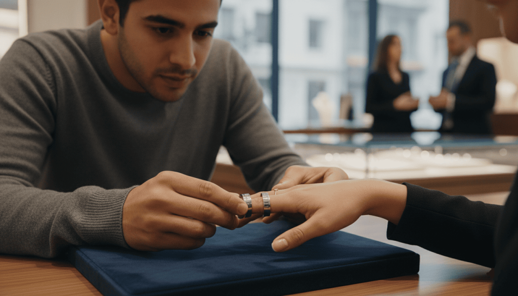 young Middle Eastern man carefully measuring his partner’s ring size using a professional ring sizer tool at a jewelry counter
