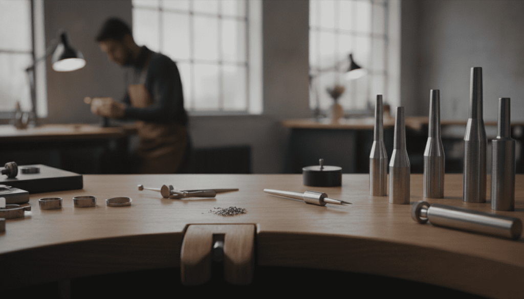 modern jewelry workshop, ring-sizing tools, measuring mandrels and precision instruments neatly organized on a workbench, craftsman blurred in background