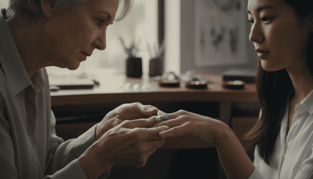 elderly female jeweler demonstrating ring measurement on a customer’s hand, detailed focus on sizing process, authentic interaction, side-angle close shot