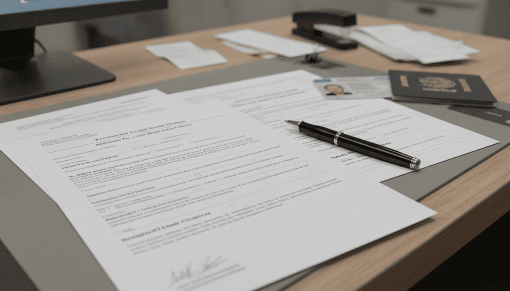 government paperwork related to legal name change, official-looking forms on a desk, pen, identification documents partially visible