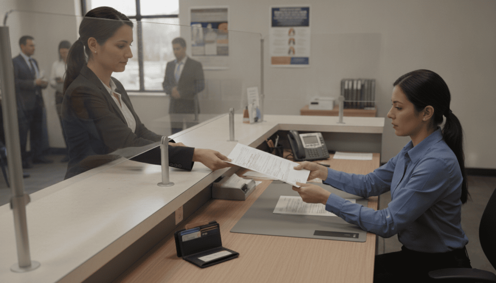 Person submitting legal paperwork at a government service counter