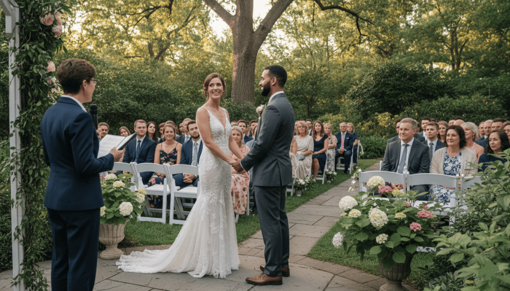 Wedding planner reviewing ceremony timeline documents with a couple, realistic schedule paperwork on desk