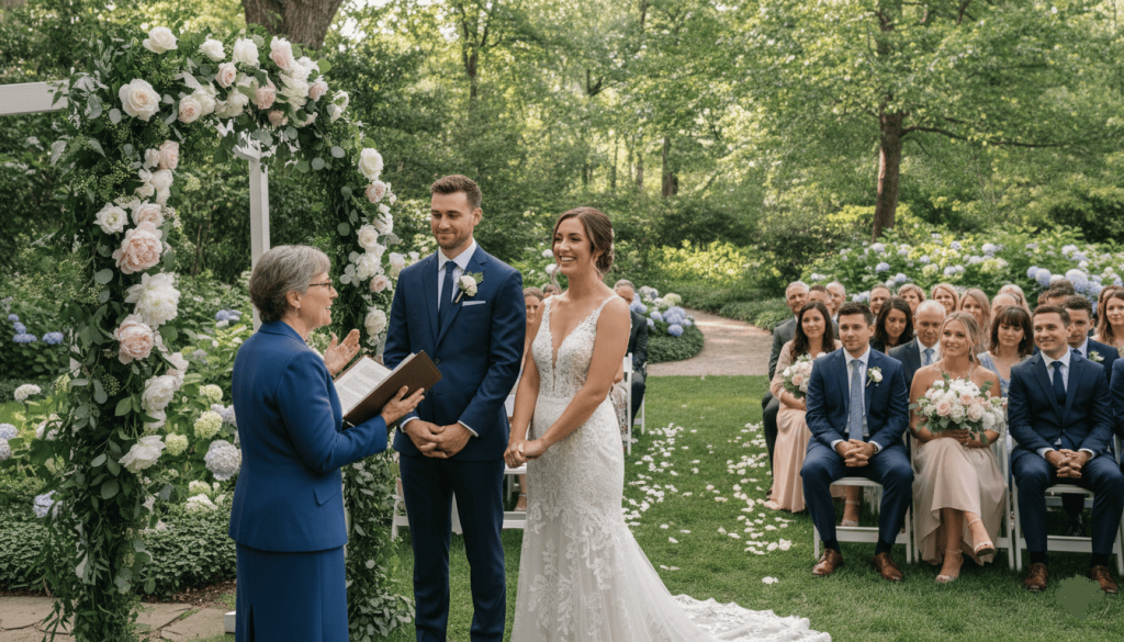 wedding ceremony taking place in an outdoor garden venue, officiant speaking, seated guests watching attentively