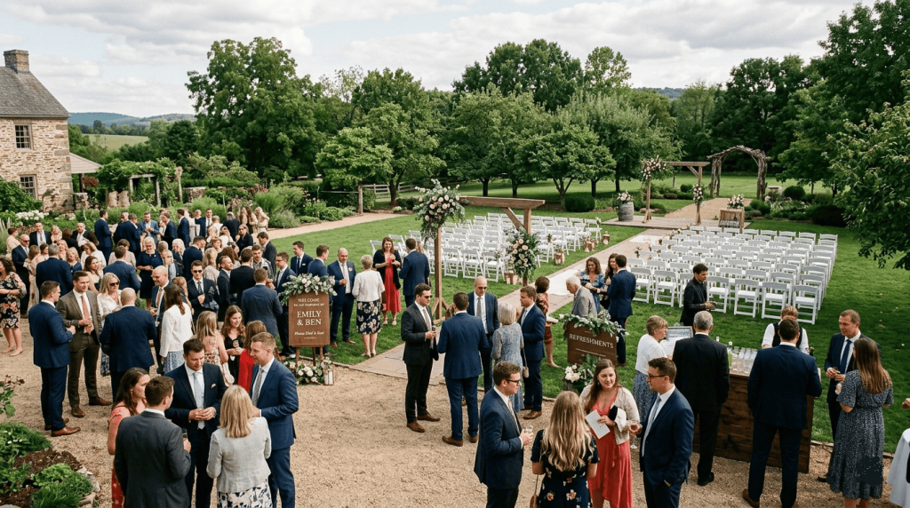 Wide-angle view of guests gathering before a wedding ceremony begins, ceremony chairs arranged outdoors