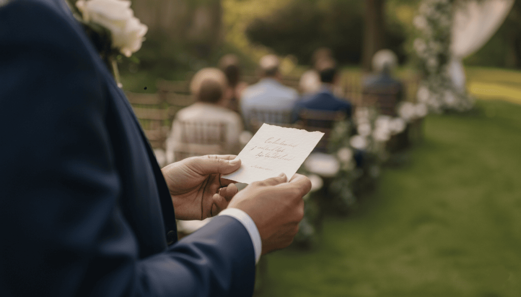 the hands of a 45-year-old East Asian groom holding a small vow card during a wedding ceremony, navy suit sleeves visible, wedding band catching natural sunlight