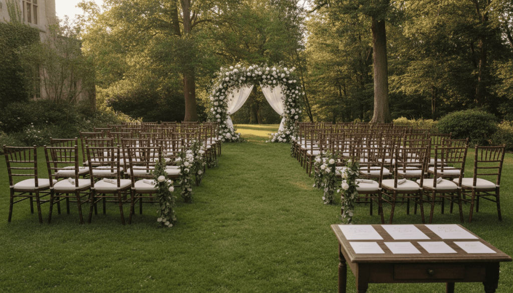 elegant wedding ceremony venue before guests arrive, rows of chairs aligned toward a floral arch, wedding programs placed neatly on seats, a small side table displaying several vow cards of varying lengths without readable text