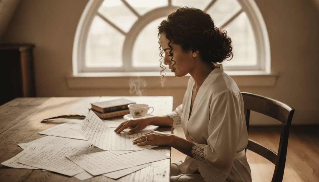wedding photography, a 32-year-old Latina bride with olive skin and dark curly hair styled in a loose low bun, sitting alone at a rustic wooden table beside a large sunlit window, carefully reviewing multiple handwritten wedding vow drafts covered with edits, notes, and crossed-out passages