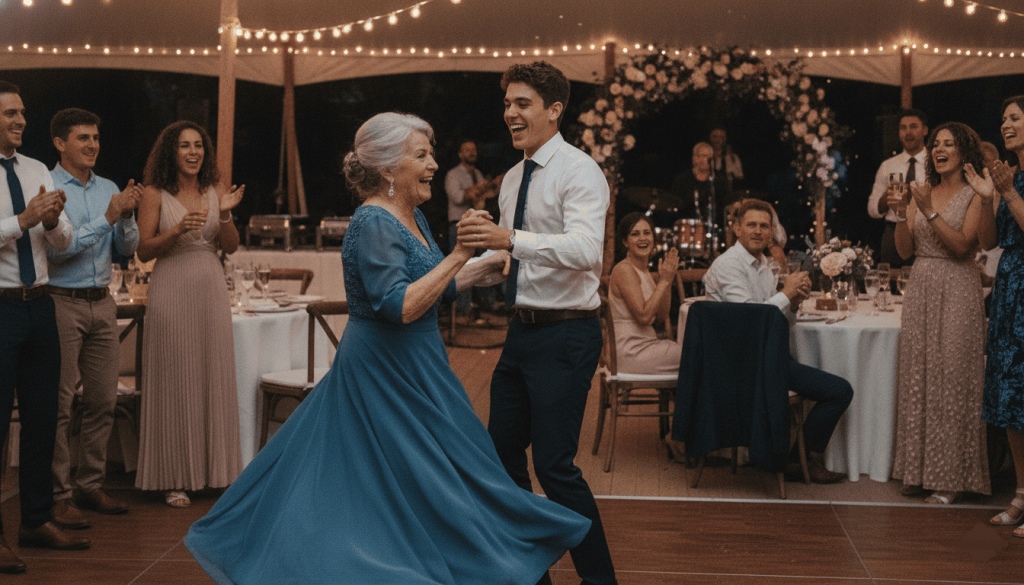 multigenerational group of wedding guests enjoying the celebration, elderly woman dancing with her grandson while other guests laugh and socialize nearby