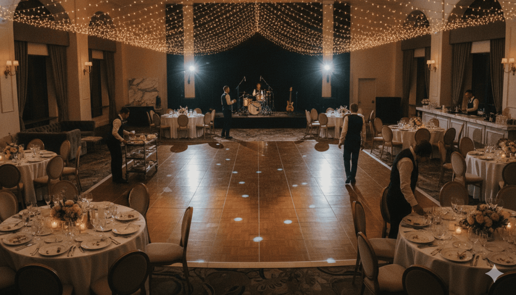 wedding reception venue transitioning from dinner service to dancing, partially cleared tables, illuminated dance floor