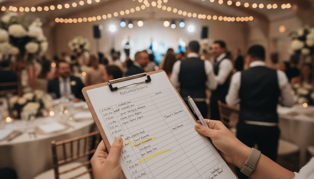 wedding planner reviewing a detailed reception timeline, clipboard and schedule visible with generic information only, reception activities happening in the blurred background