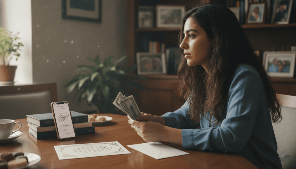 young Middle Eastern woman with shoulder-length dark wavy hair sitting at her dining table thoughtfully preparing a wedding gift, elegant greeting card, sealed envelope, smartphone displaying a wedding invitation