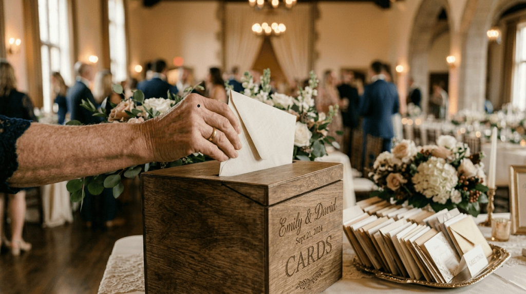 hands placing a sealed envelope into a wedding card box, no visible cash amounts, realistic gift-giving process, elegant reception details surrounding the scene