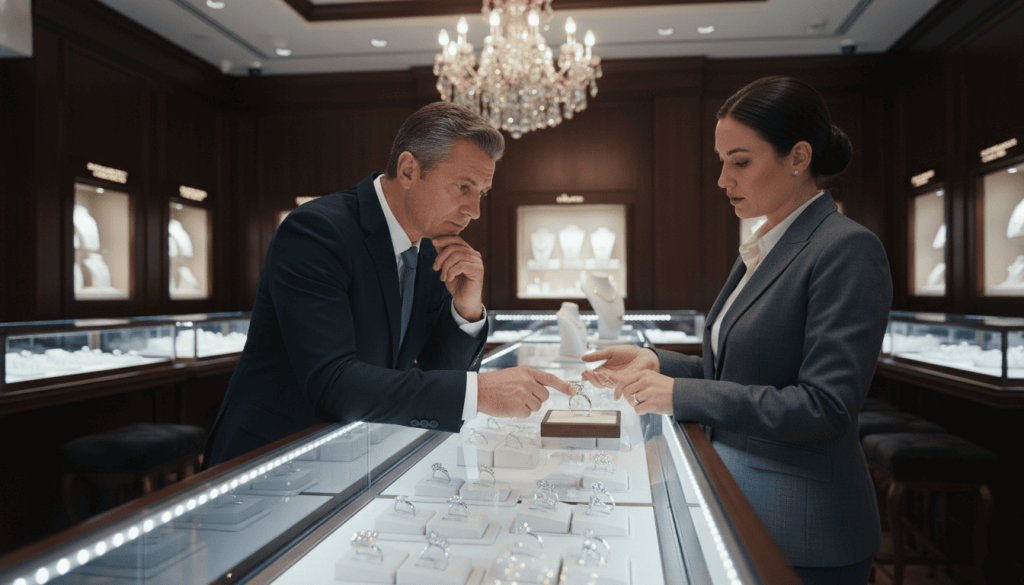 jewelry store showroom, customer comparing engagement rings in illuminated display cases, luxury retail environment