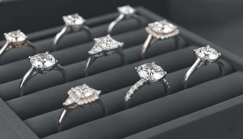 several engagement rings displayed on a velvet tray, different diamond sizes and settings, luxury jewelry photography