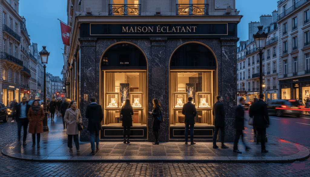 busy shopping street featuring a luxury jewelry store exterior, pedestrians walking by display windows featuring engagement rings