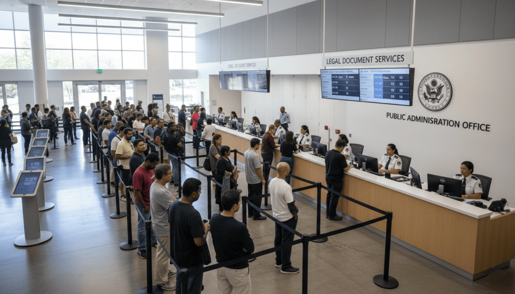 government service center interior, diverse citizens waiting in line for legal document services, information counters, official signage, modern public administration office