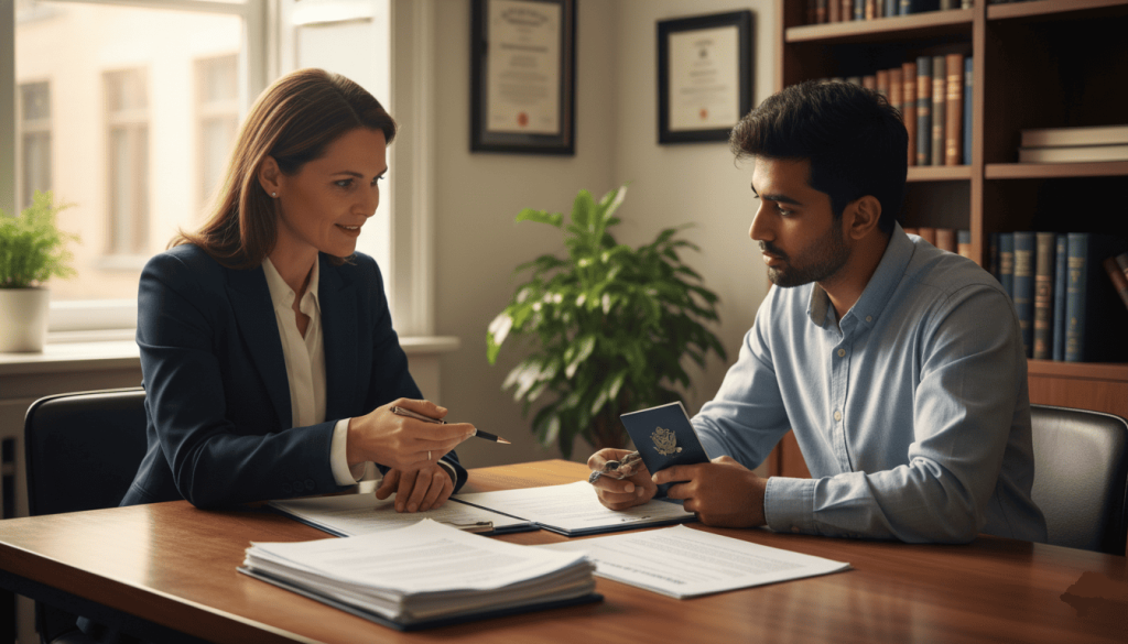 legal consultation, attorney explaining name change process to a young client across a desk, official documents neatly organized