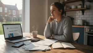photo, 35-year-old woman sitting at a kitchen table reviewing official name change paperwork, calculator, government forms, identification documents partially visible,