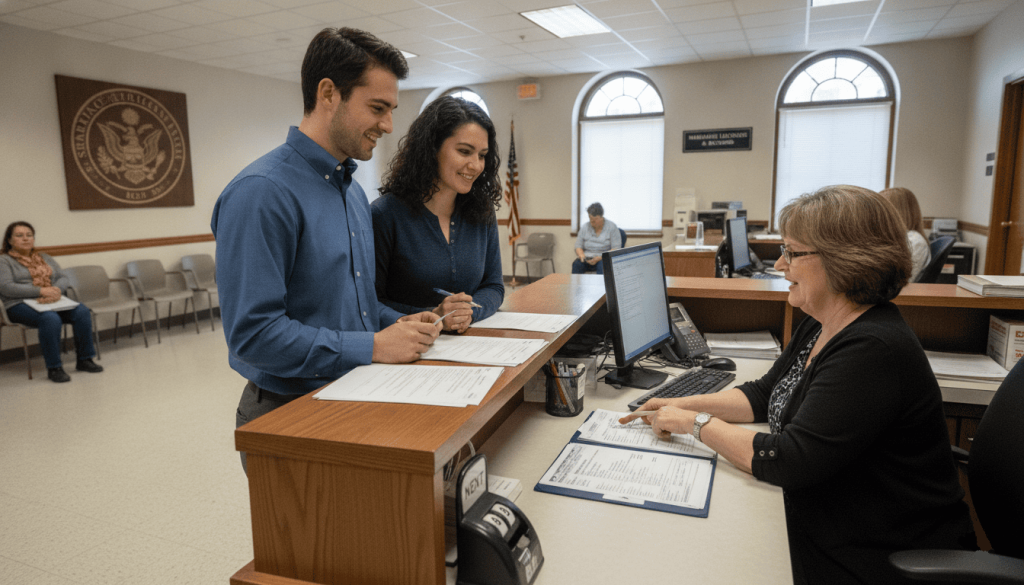 government office where a couple is applying for a marriage license, clerk assisting at a public service counter, official forms on desk